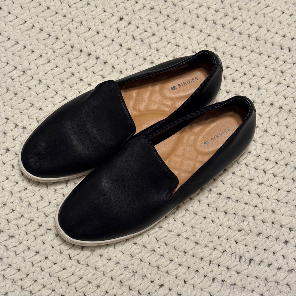 Birdies The Swift Black Leather Slip-On Sneaker | Size 8